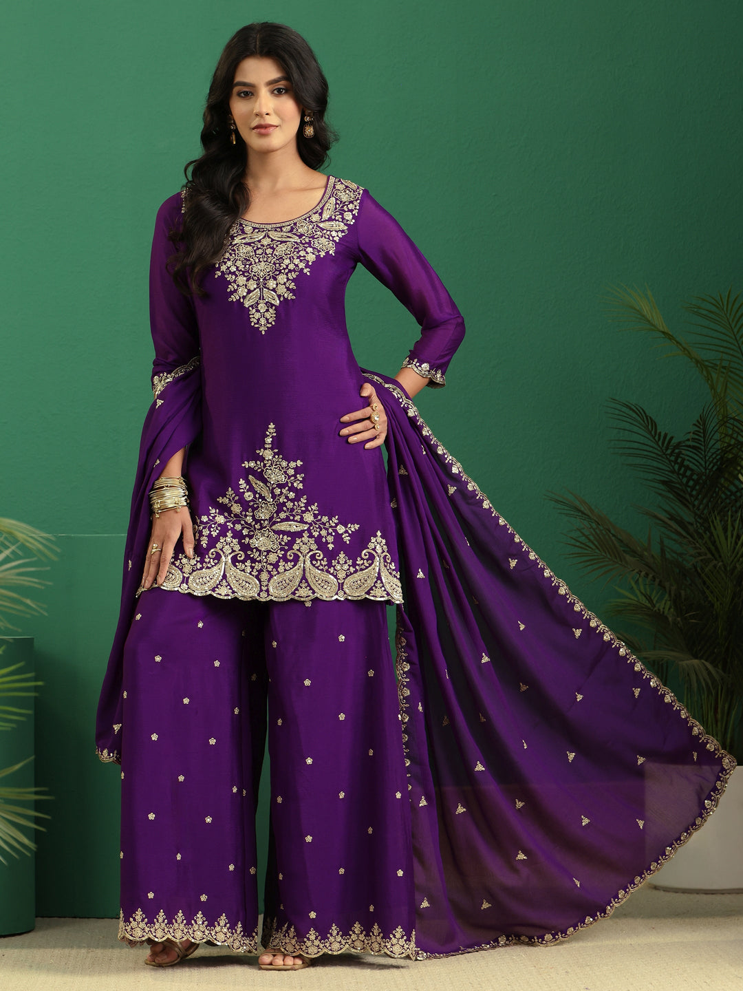  Libas Imperial Purple Paisley Embellished Chinon Palazzo Suit Set 