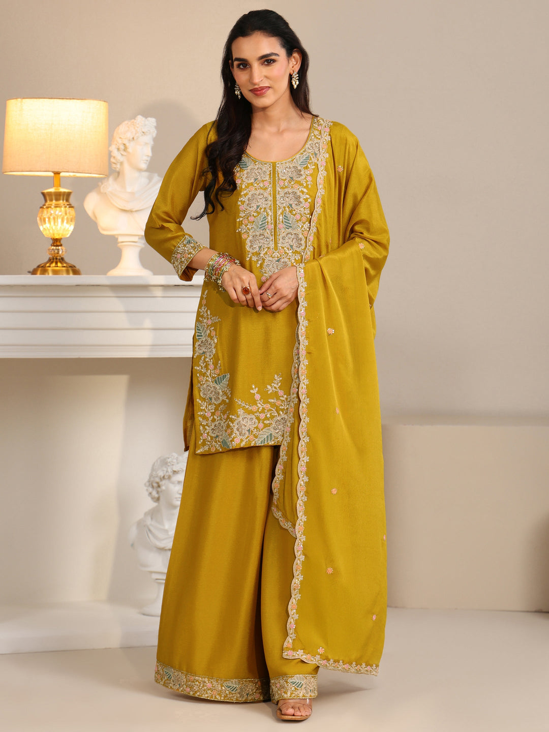  Libas Mustard Floral Embroidered Chinon Straight Suit Set 
