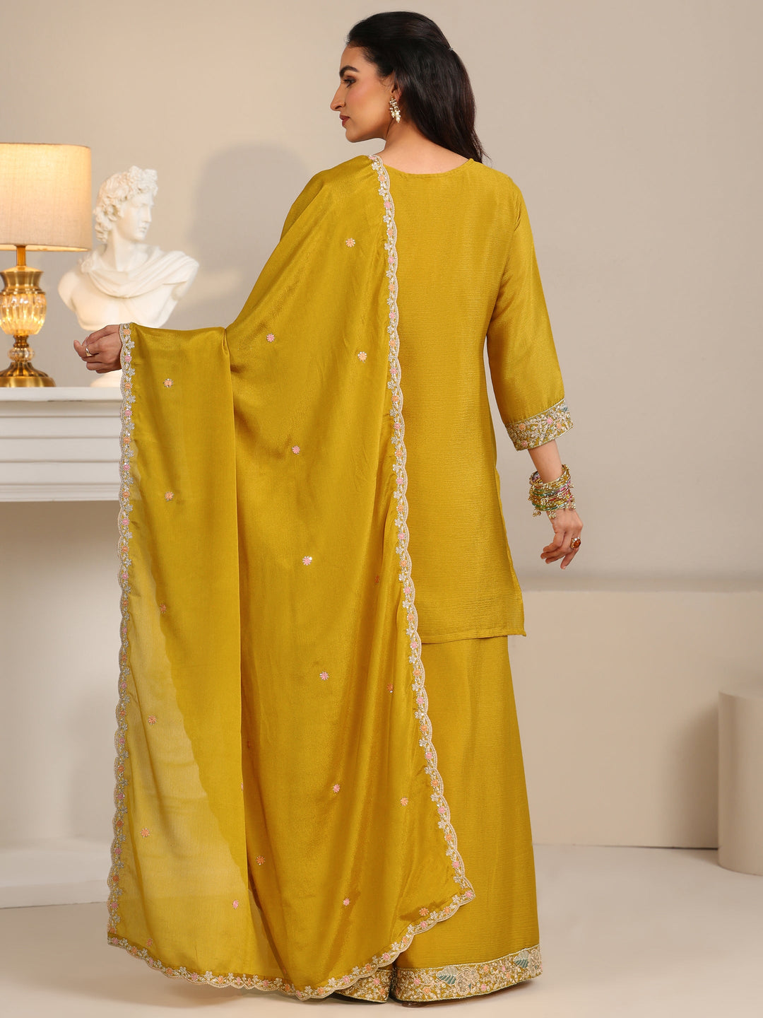  Libas Mustard Floral Embroidered Chinon Straight Suit Set 