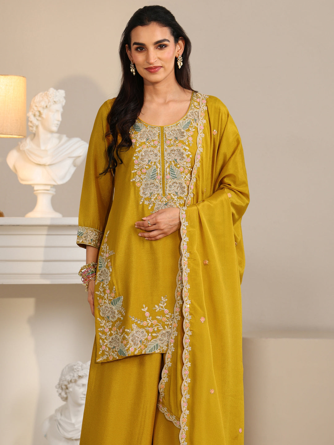  Libas Mustard Floral Embroidered Chinon Straight Suit Set 
