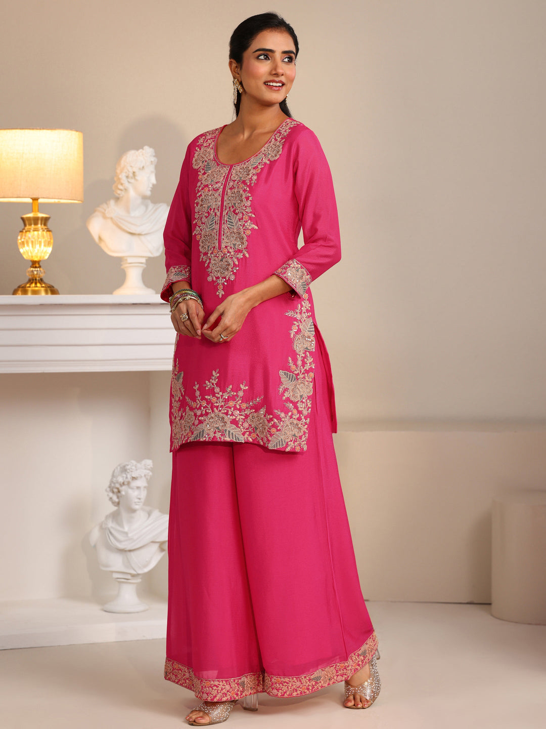  Libas Fuchsia Pink Floral Embroidered Chinon Straight Suit Set 