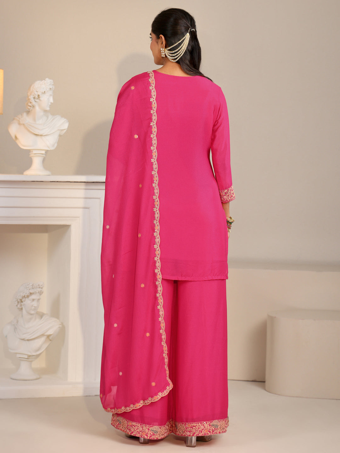  Libas Fuchsia Pink Floral Embroidered Chinon Straight Suit Set 