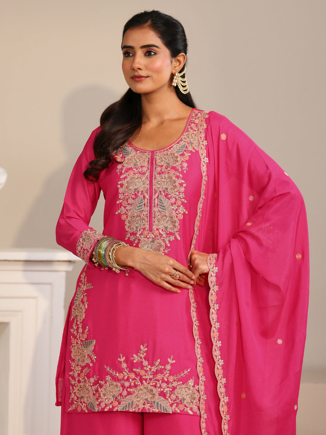  Libas Fuchsia Pink Floral Embroidered Chinon Straight Suit Set 