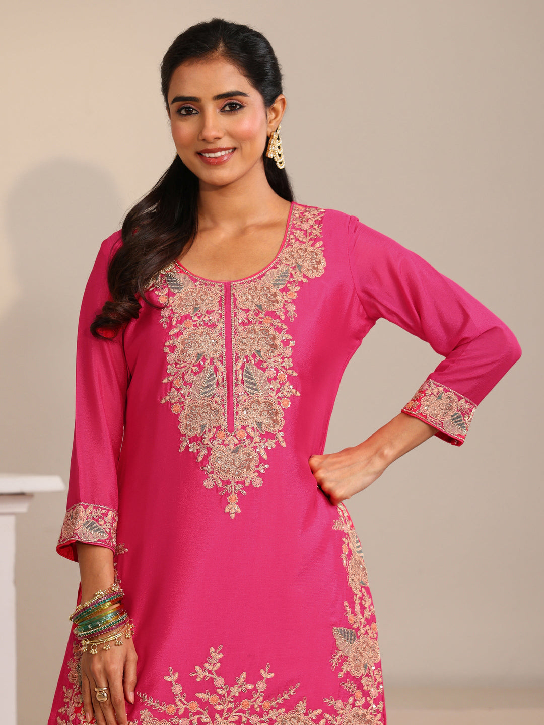  Libas Fuchsia Pink Floral Embroidered Chinon Straight Suit Set 