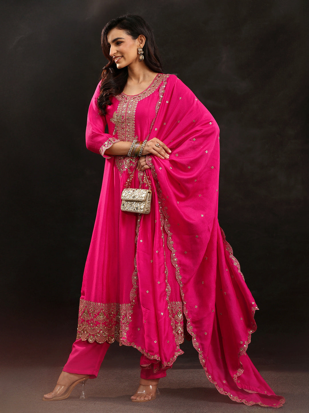  Libas Fuschia Pink Floral Embellished  Silk Blend Anarkali Suit Set 