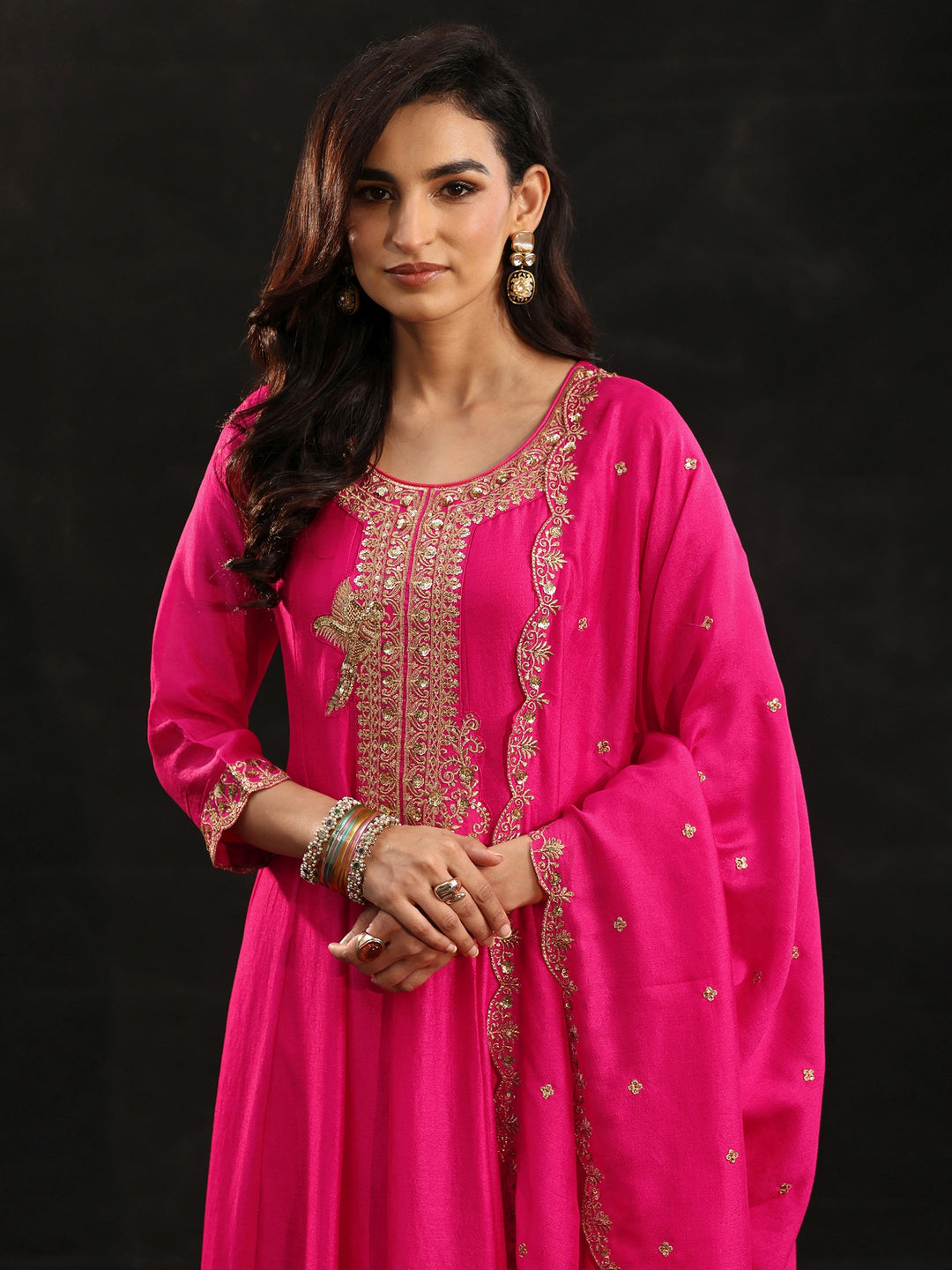  Libas Fuschia Pink Floral Embellished  Silk Blend Anarkali Suit Set 