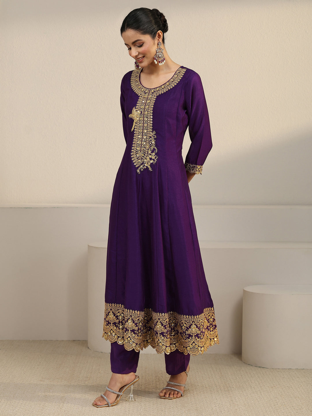  Libas Deep Violet Yoke Embroidered Silk Blend Anarkali Suit Set 