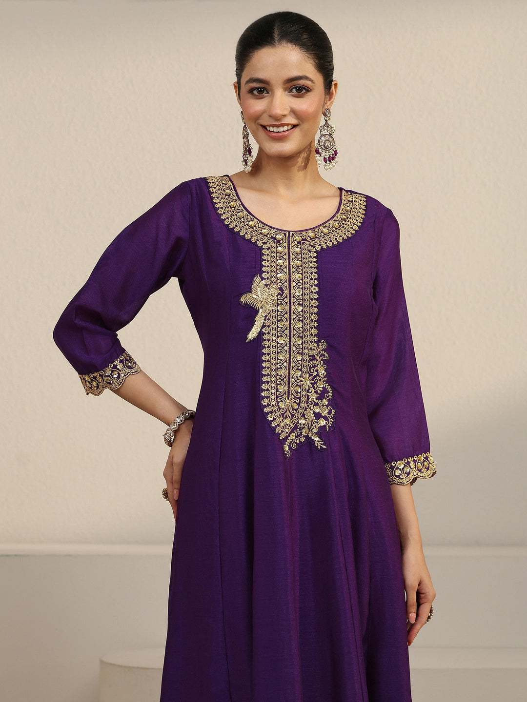  Libas Deep Violet Yoke Embroidered Silk Blend Anarkali Suit Set 