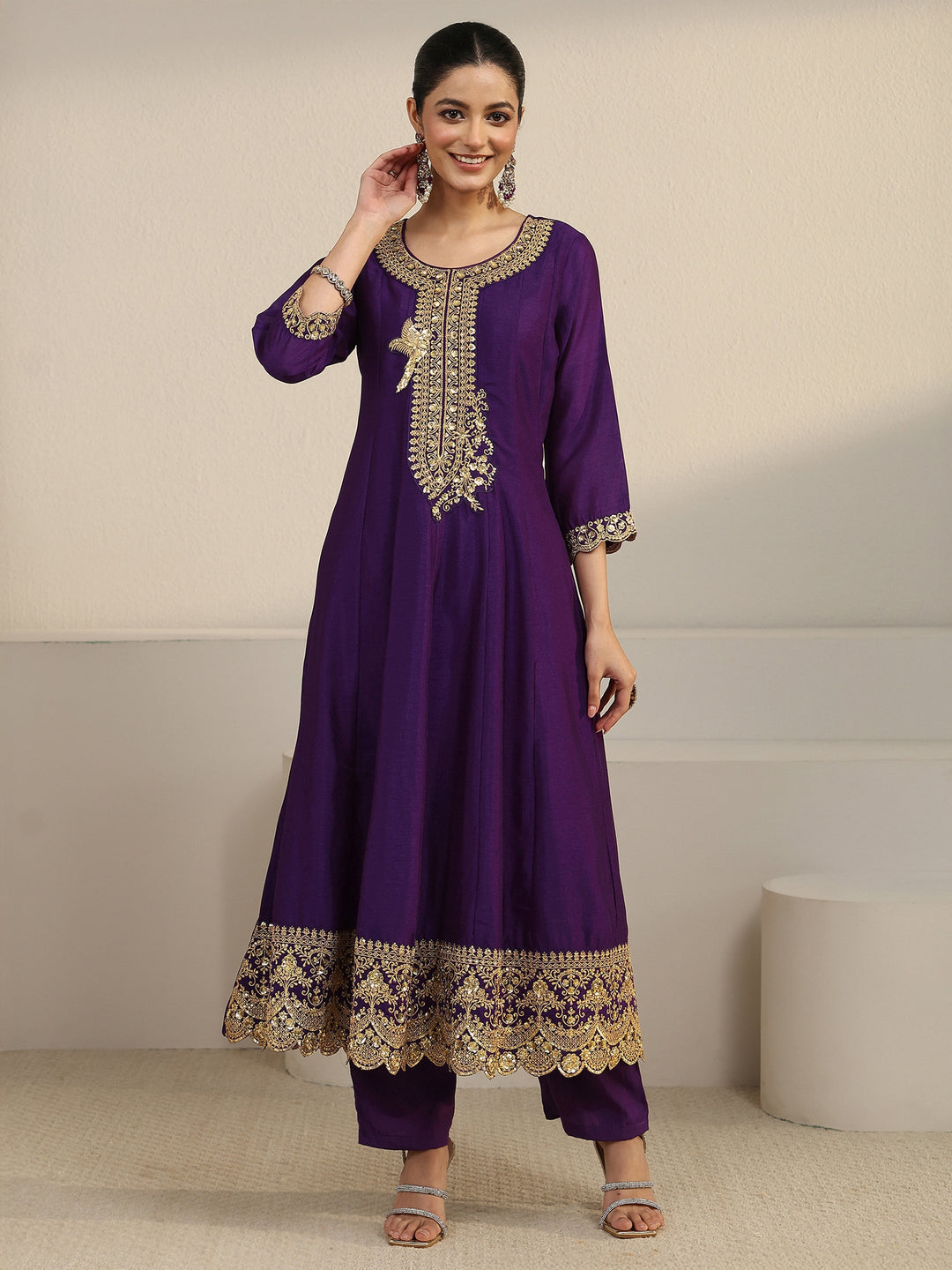  Libas Deep Violet Yoke Embroidered Silk Blend Anarkali Suit Set 