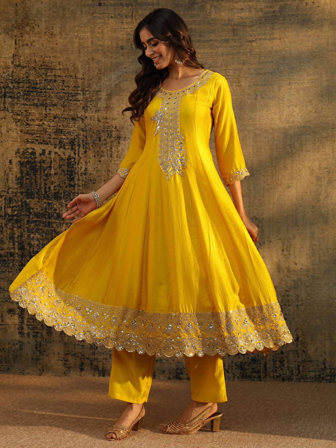  Libas Lemon Yellow  Embellished Silk Blend Anarkali Suit Set 