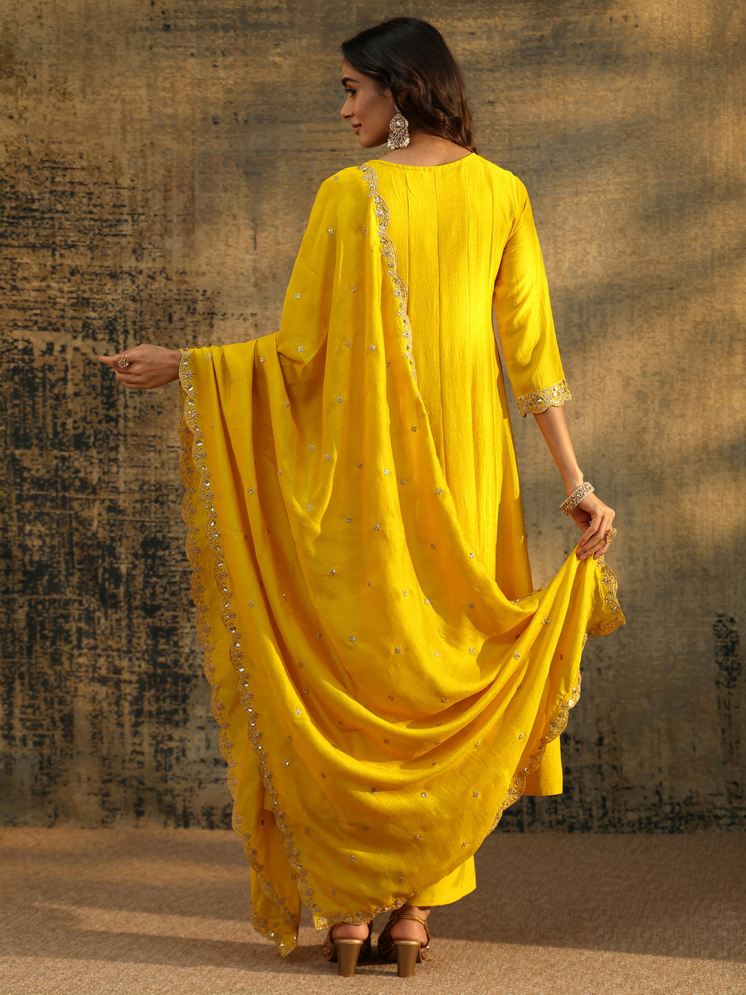  Libas Lemon Yellow  Embellished Silk Blend Anarkali Suit Set 