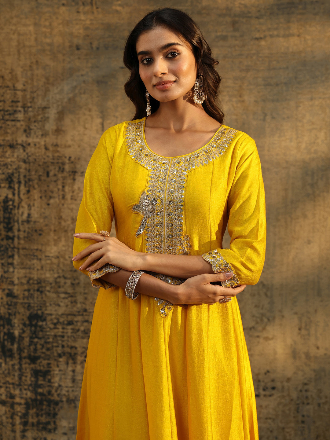  Libas Lemon Yellow  Embellished Silk Blend Anarkali Suit Set 
