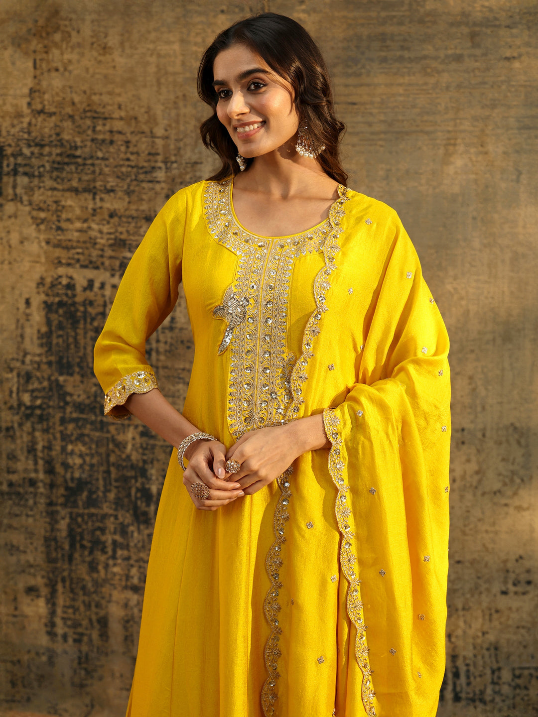  Libas Lemon Yellow  Embellished Silk Blend Anarkali Suit Set 