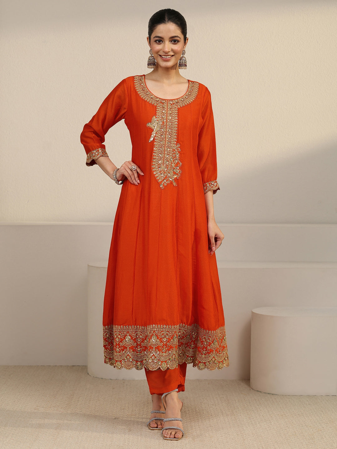  Libas Orange Yoke Embroidered Silk Blend Anarkali Suit Set 