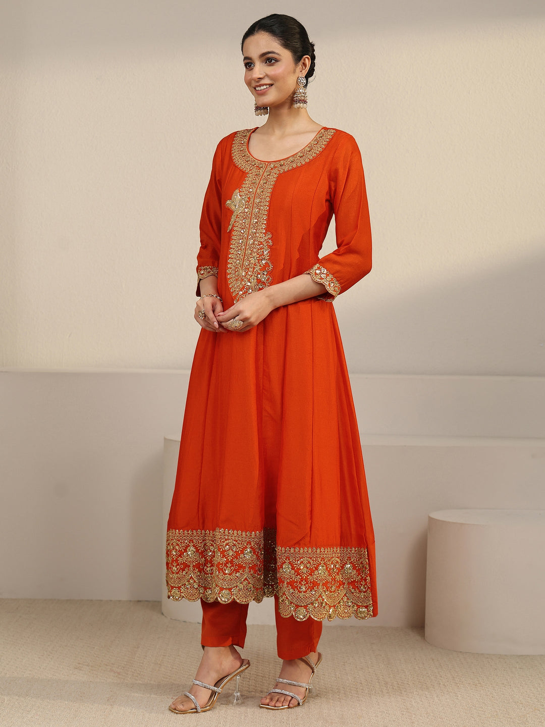  Libas Orange Yoke Embroidered Silk Blend Anarkali Suit Set 