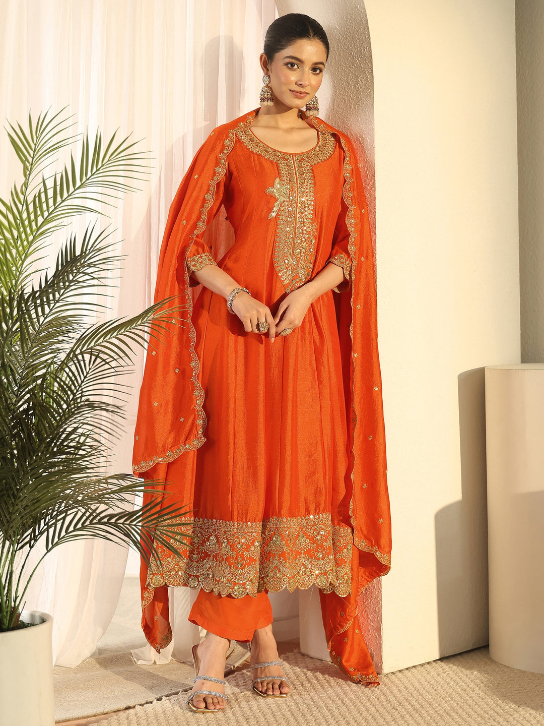  Libas Orange Yoke Embroidered Silk Blend Anarkali Suit Set 