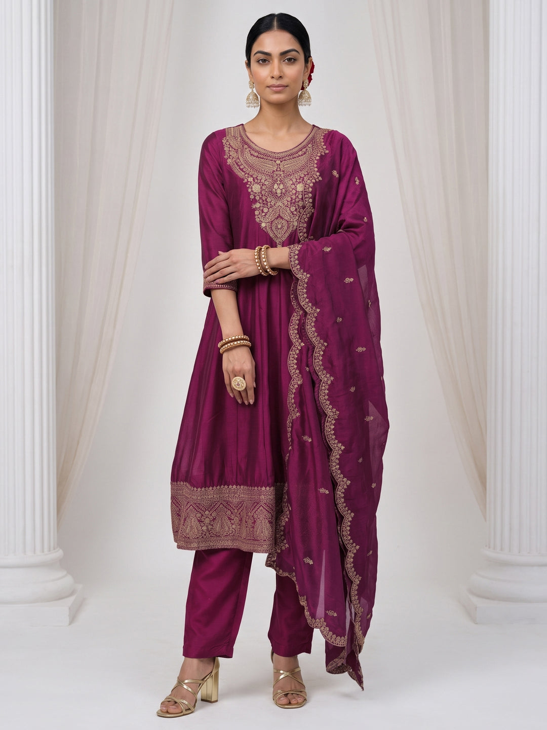  Libas Burgundy Yoke Embroidered Silk Blend A-Line Suit Set 