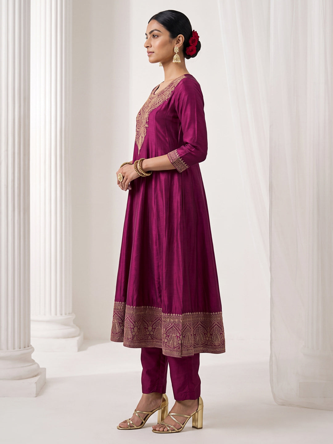  Libas Burgundy Yoke Embroidered Silk Blend A-Line Suit Set 