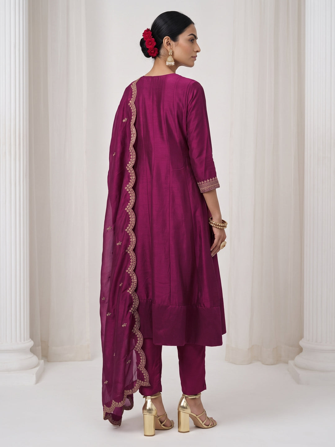  Libas Burgundy Yoke Embroidered Silk Blend A-Line Suit Set 
