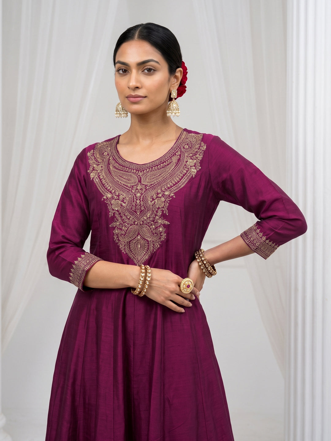  Libas Burgundy Yoke Embroidered Silk Blend A-Line Suit Set 