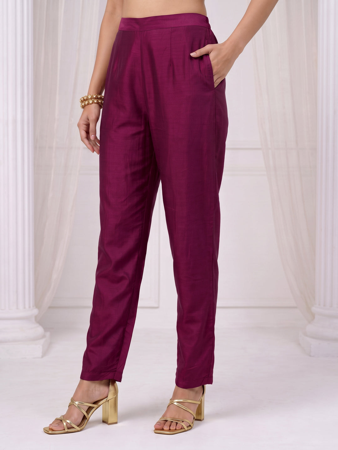  Libas Burgundy Yoke Embroidered Silk Blend A-Line Suit Set 