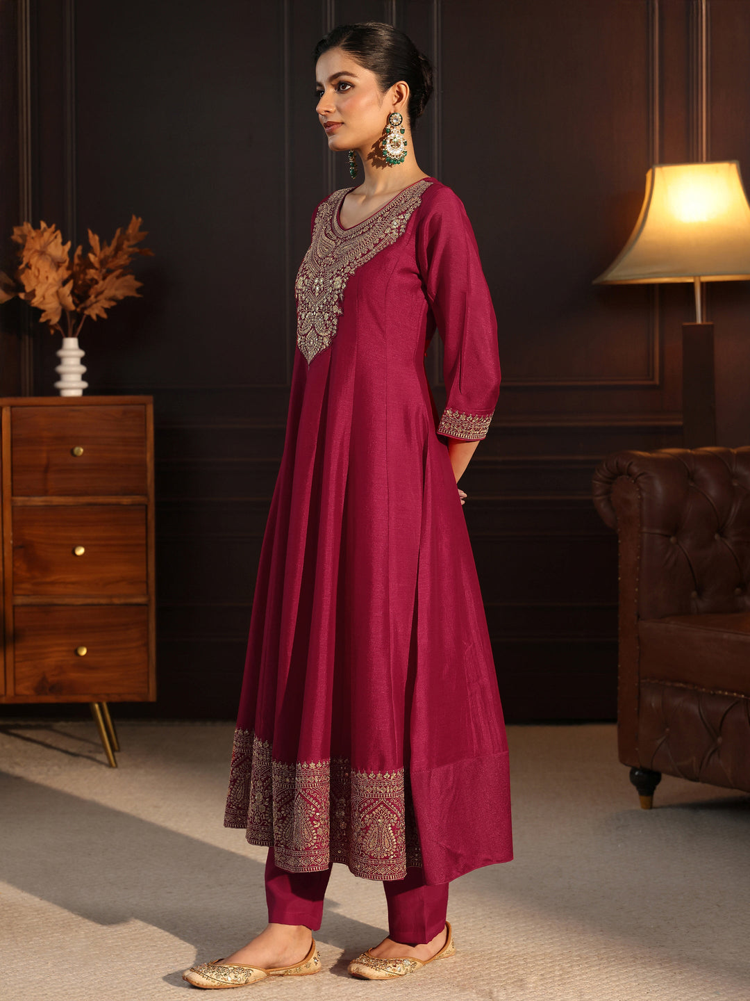  Libas Ruby Red Embroidered Silk Blend Anarkali Suit Set 