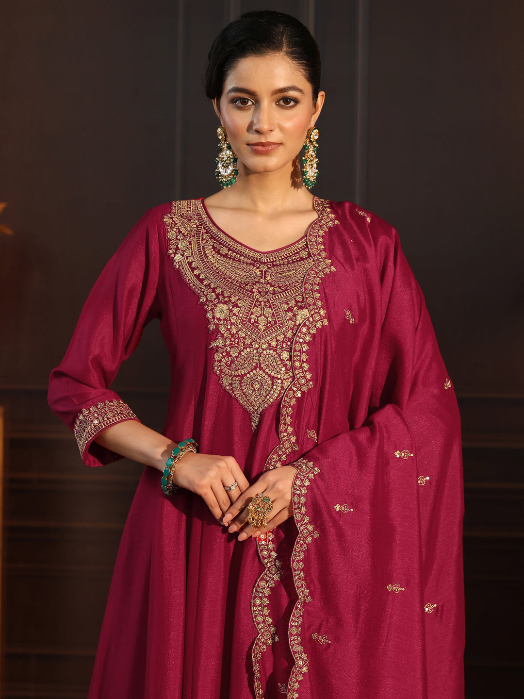 Libas Ruby Red Embroidered Silk Blend Anarkali Suit Set 
