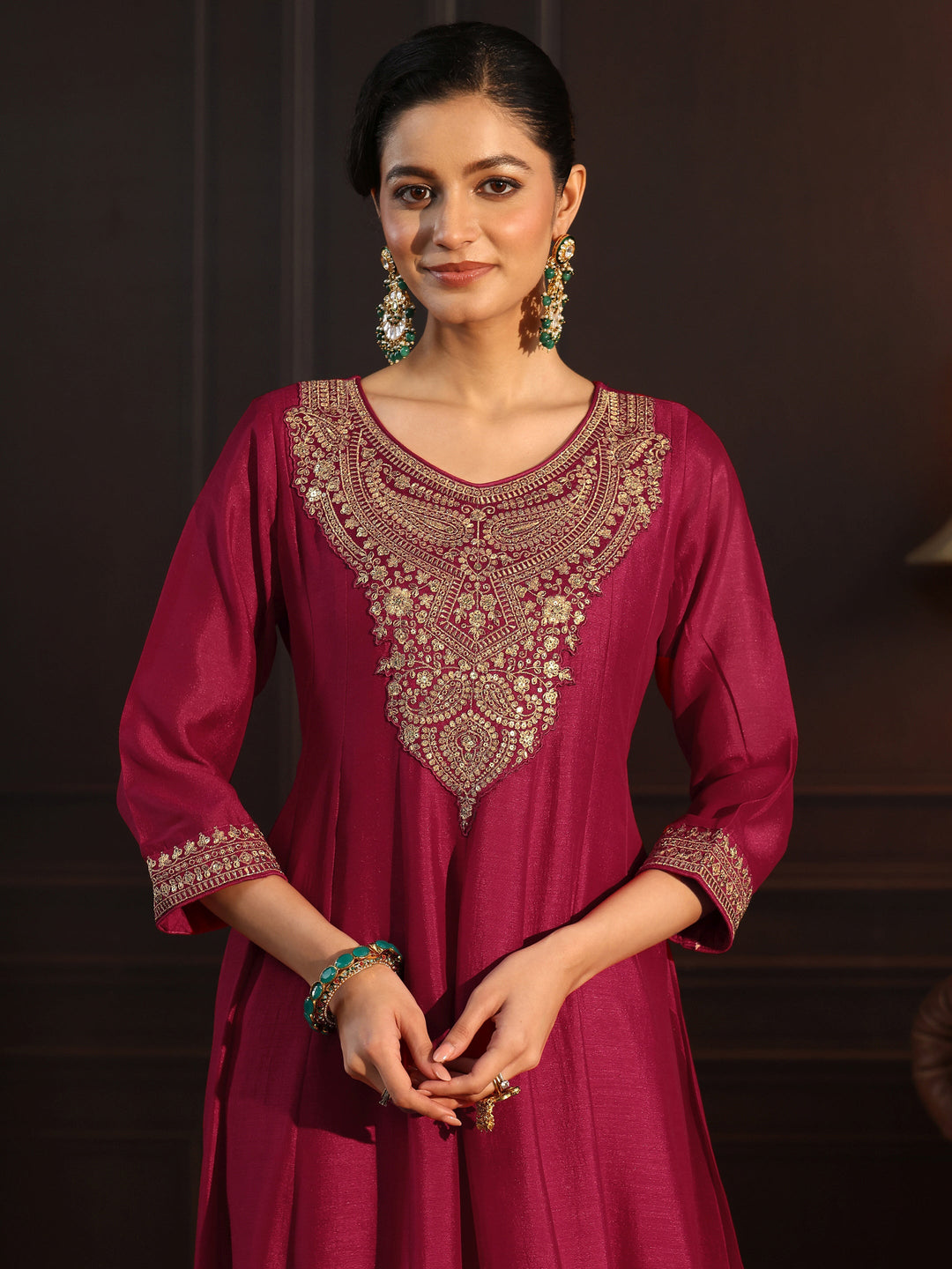  Libas Ruby Red Embroidered Silk Blend Anarkali Suit Set 