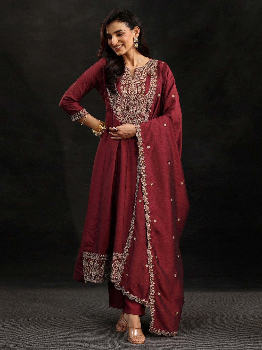  Libas Maroon Embellished Yoke Design Silk Blend Anarkali Suit Set 