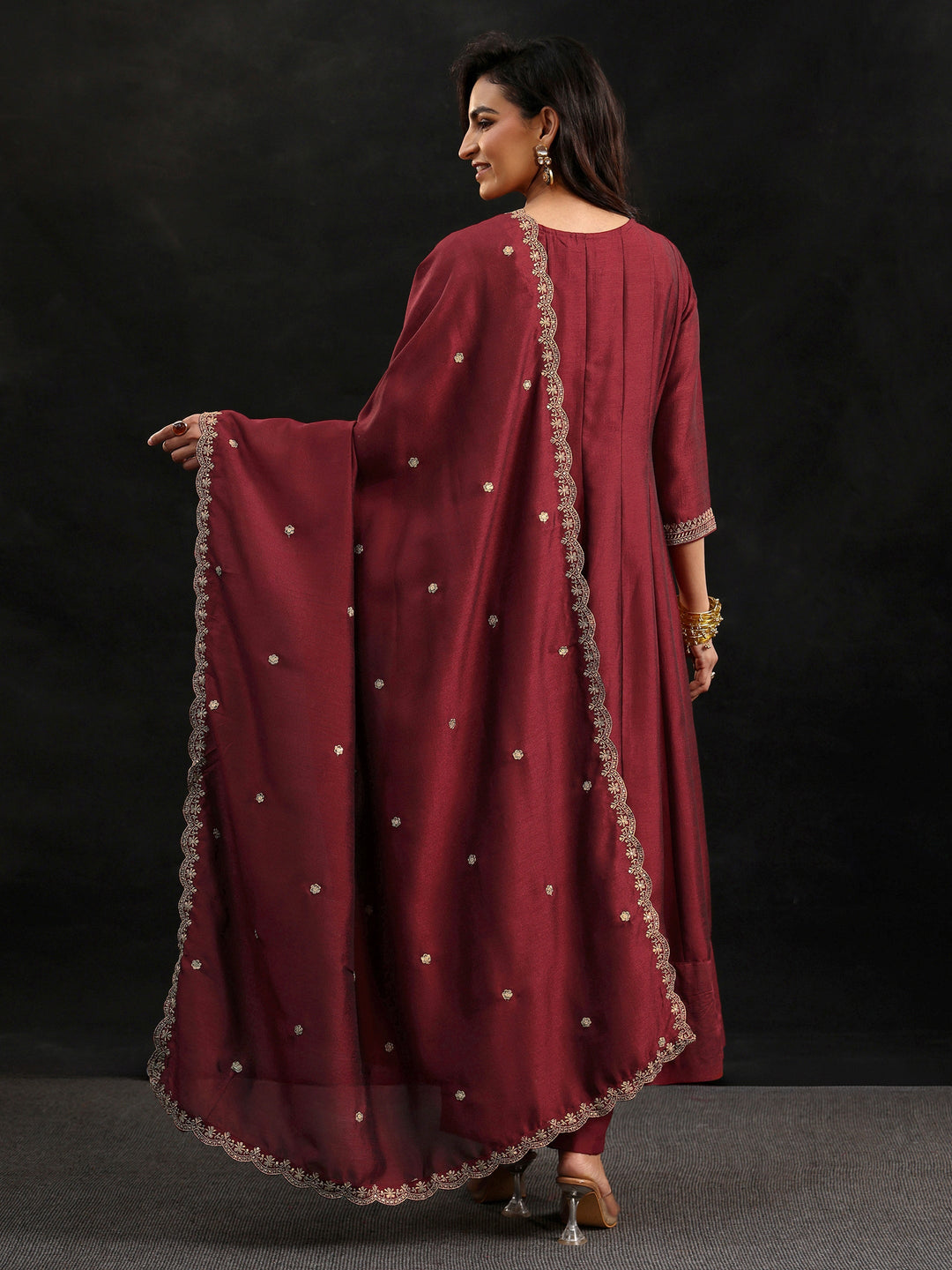  Libas Maroon Embellished Yoke Design Silk Blend Anarkali Suit Set 