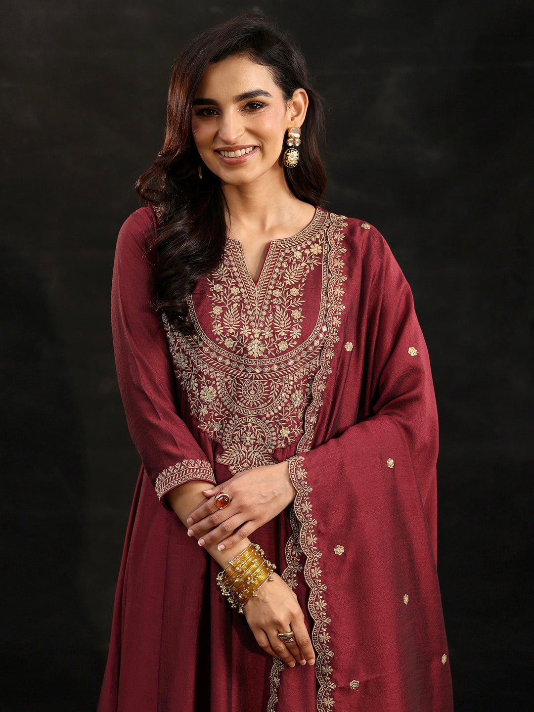  Libas Maroon Embellished Yoke Design Silk Blend Anarkali Suit Set 