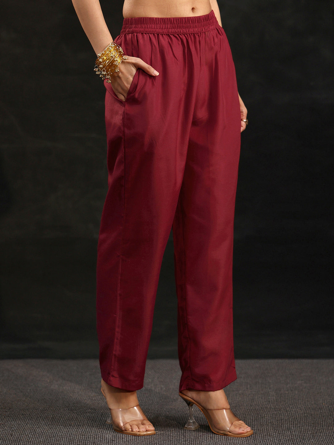  Libas Maroon Embellished Yoke Design Silk Blend Anarkali Suit Set 