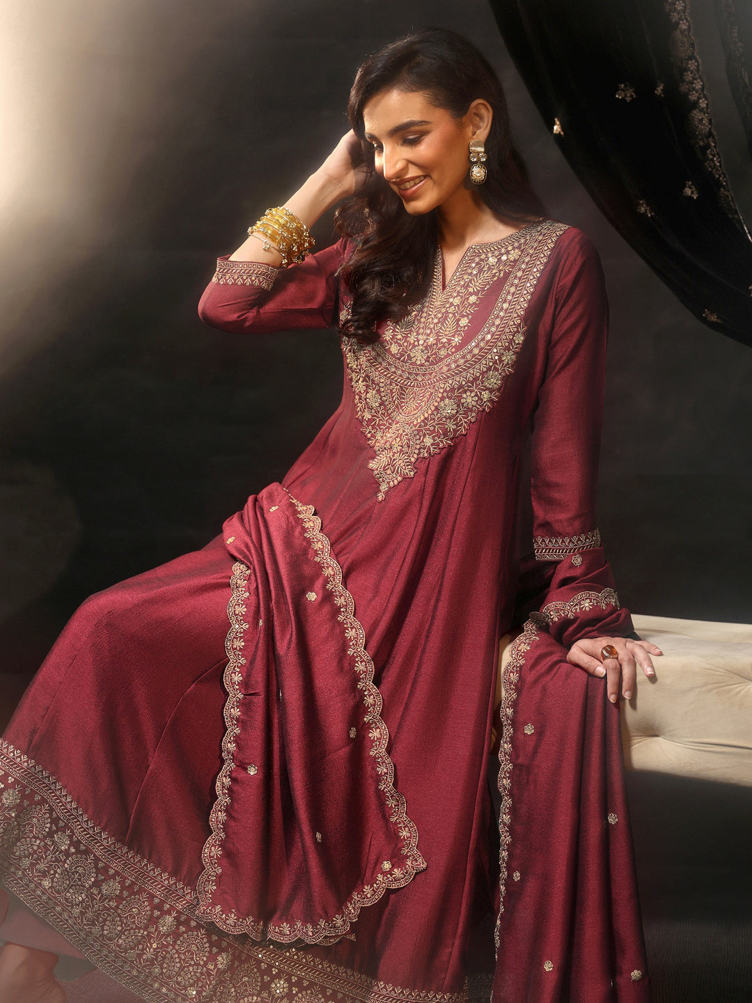 Libas Maroon Embellished Yoke Design Silk Blend Anarkali Suit Set 