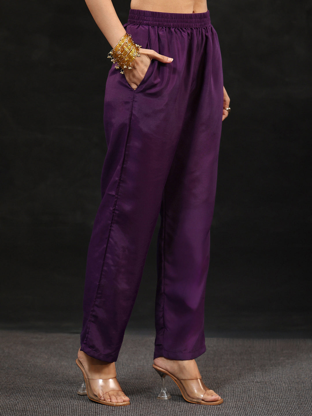  Libas Plum Purple Yoke Embroidered Silk Blend Anarkali Suit Set 