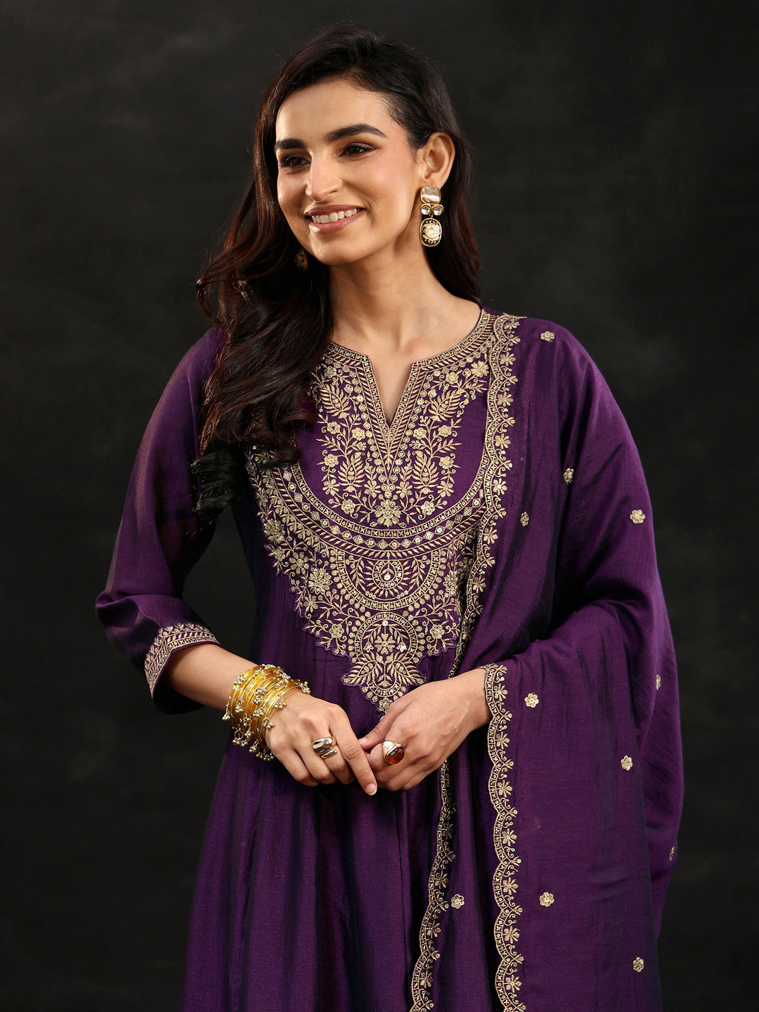  Libas Plum Purple Yoke Embroidered Silk Blend Anarkali Suit Set 