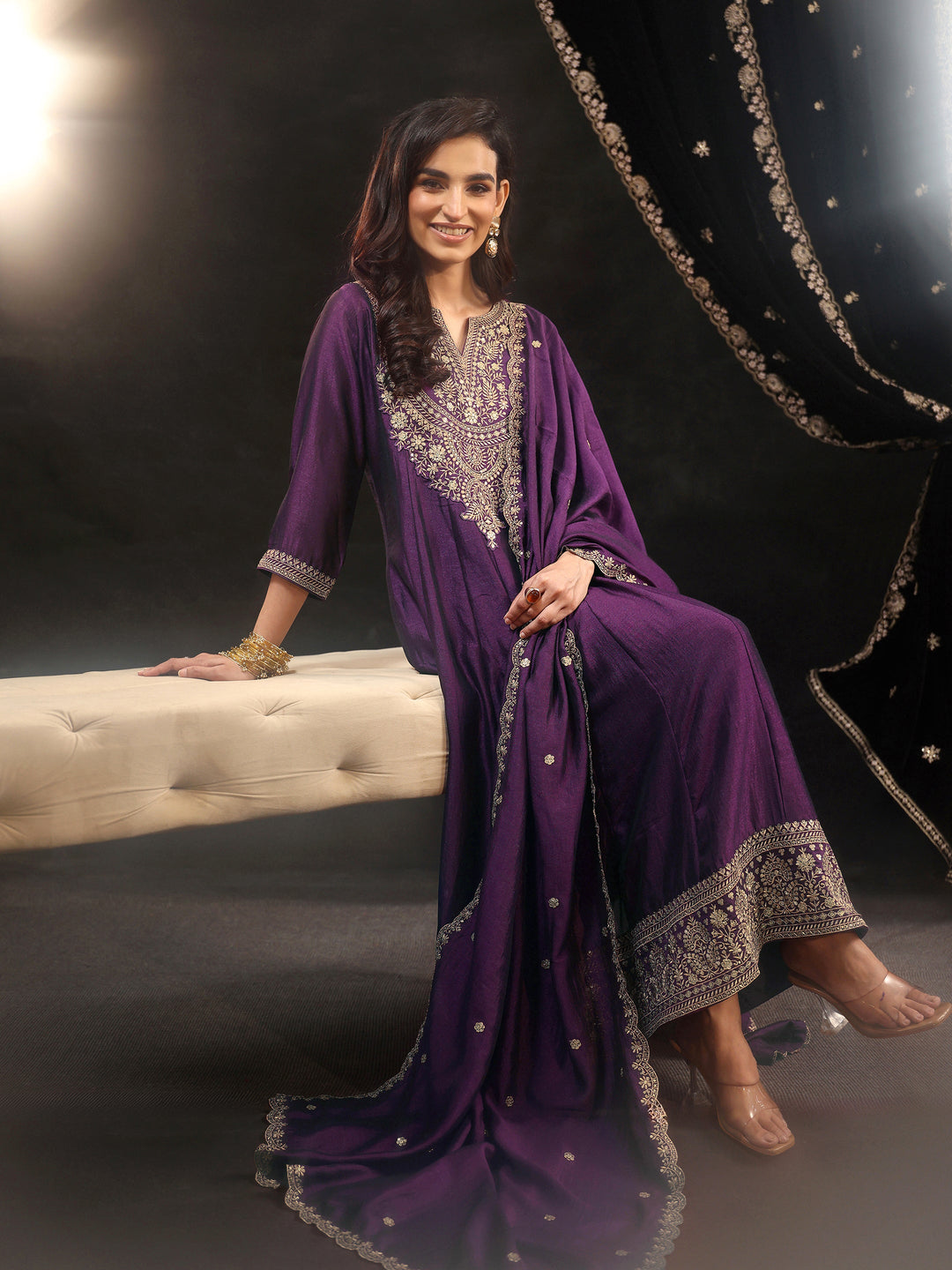  Libas Plum Purple Yoke Embroidered Silk Blend Anarkali Suit Set 