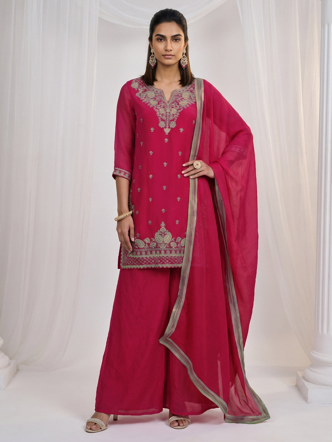  Libas Rani Pink Ethnic Embroidered Tissue Palazzo Suit Set 