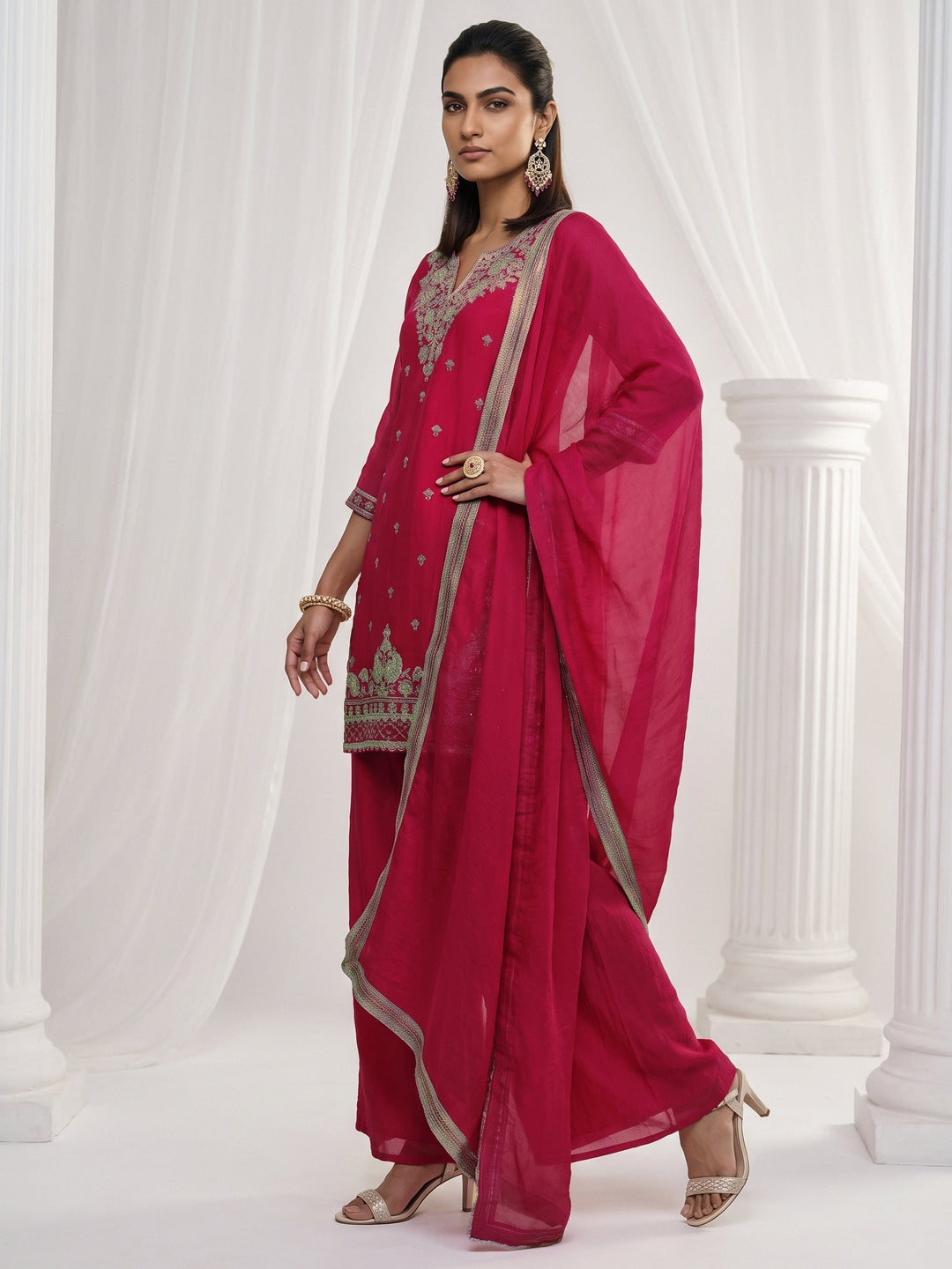  Libas Rani Pink Ethnic Embroidered Tissue Palazzo Suit Set 