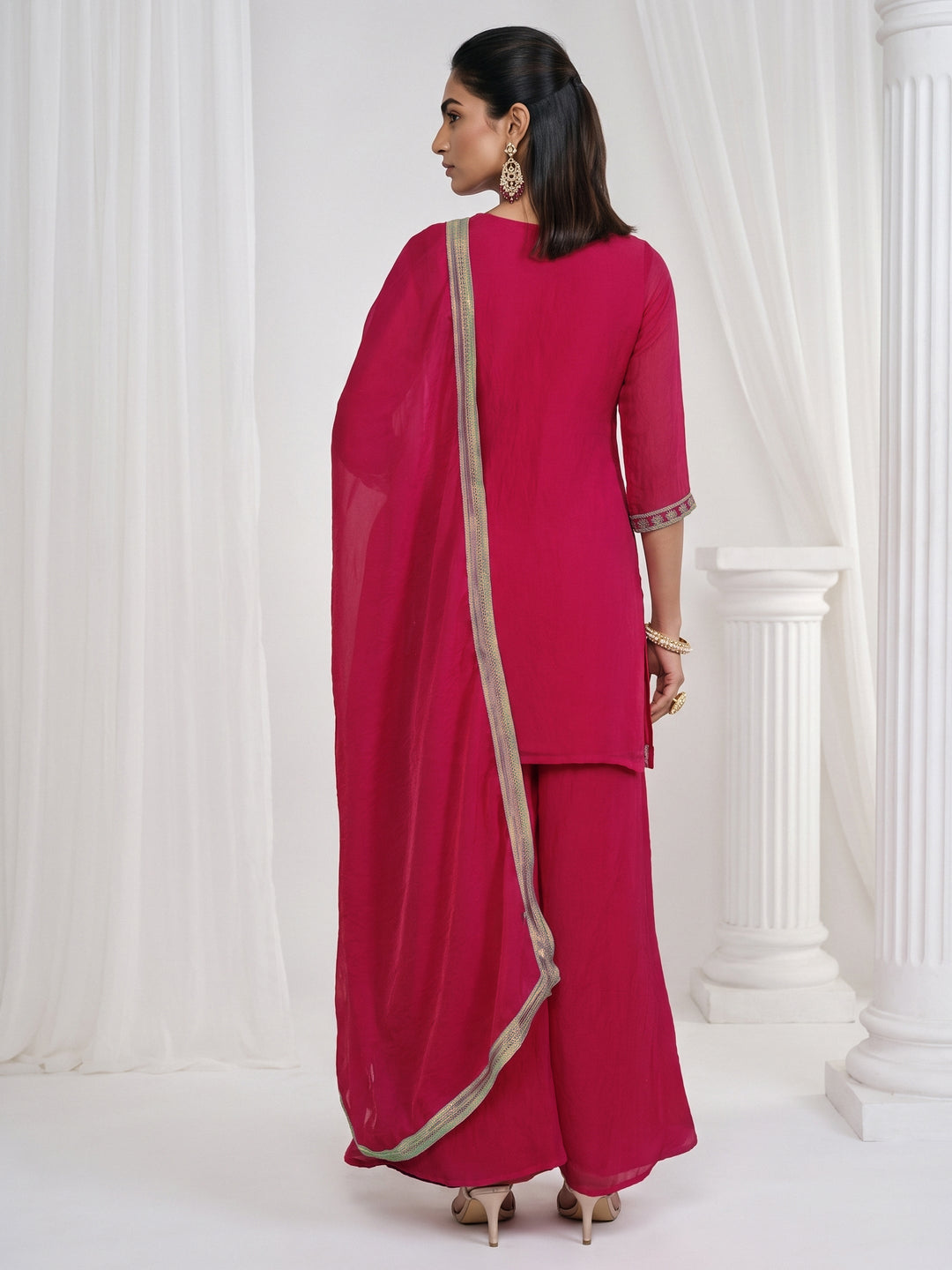  Libas Rani Pink Ethnic Embroidered Tissue Palazzo Suit Set 