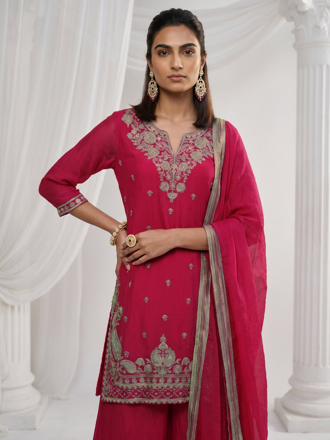  Libas Rani Pink Ethnic Embroidered Tissue Palazzo Suit Set 