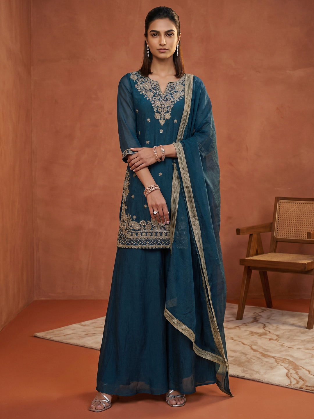  Libas Blue Ethnic Embroidered Tissue Palazzo Suit Set 