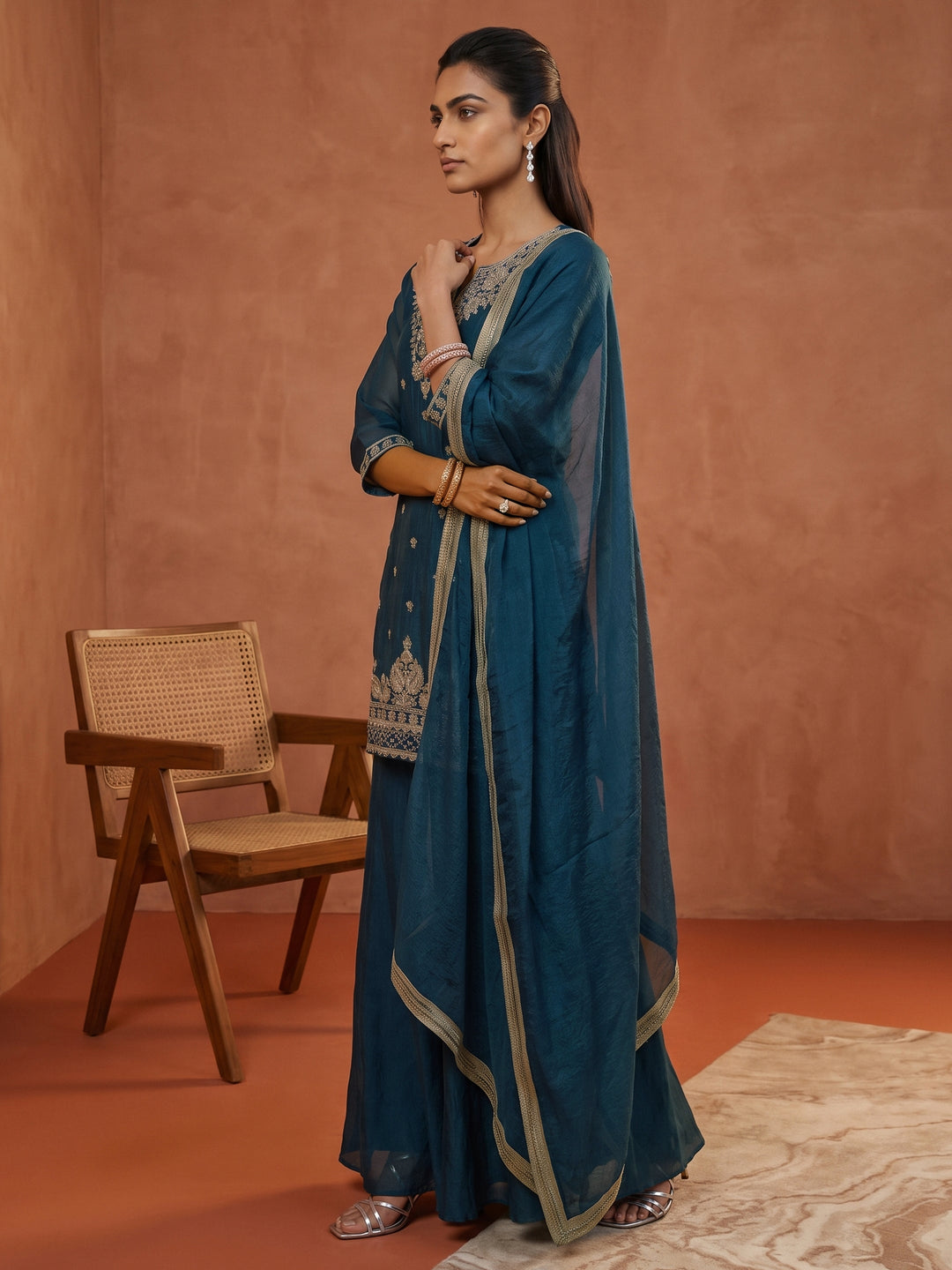  Libas Blue Ethnic Embroidered Tissue Palazzo Suit Set 
