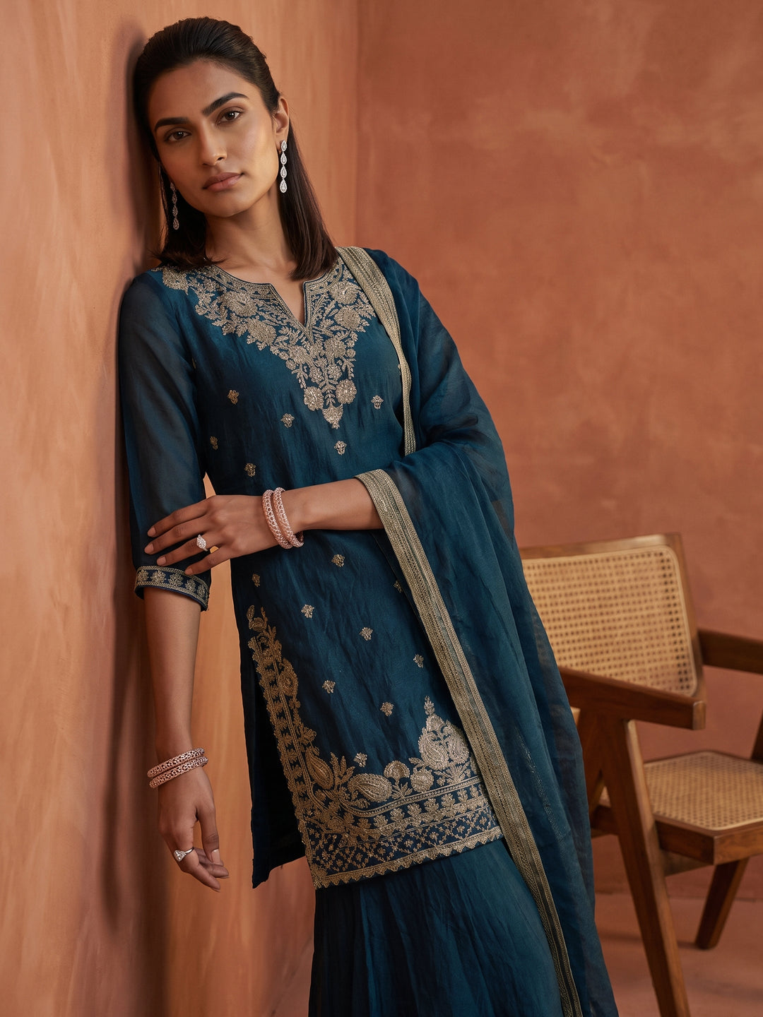 Libas Blue Ethnic Embroidered Tissue Palazzo Suit Set 