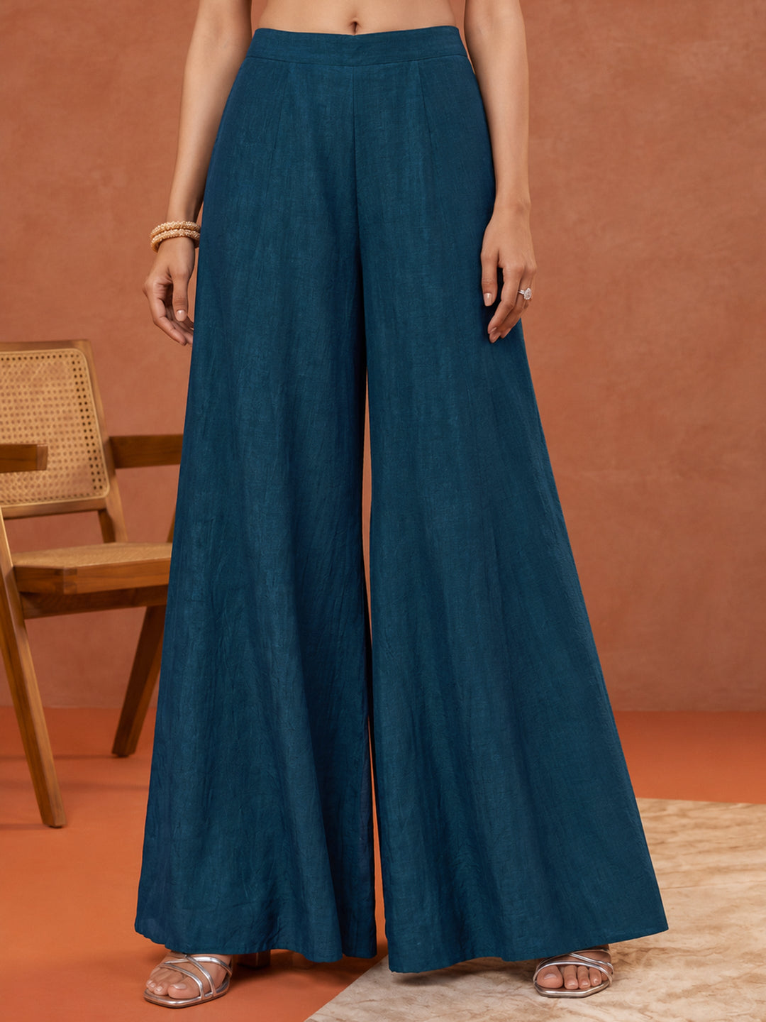  Libas Blue Ethnic Embroidered Tissue Palazzo Suit Set 