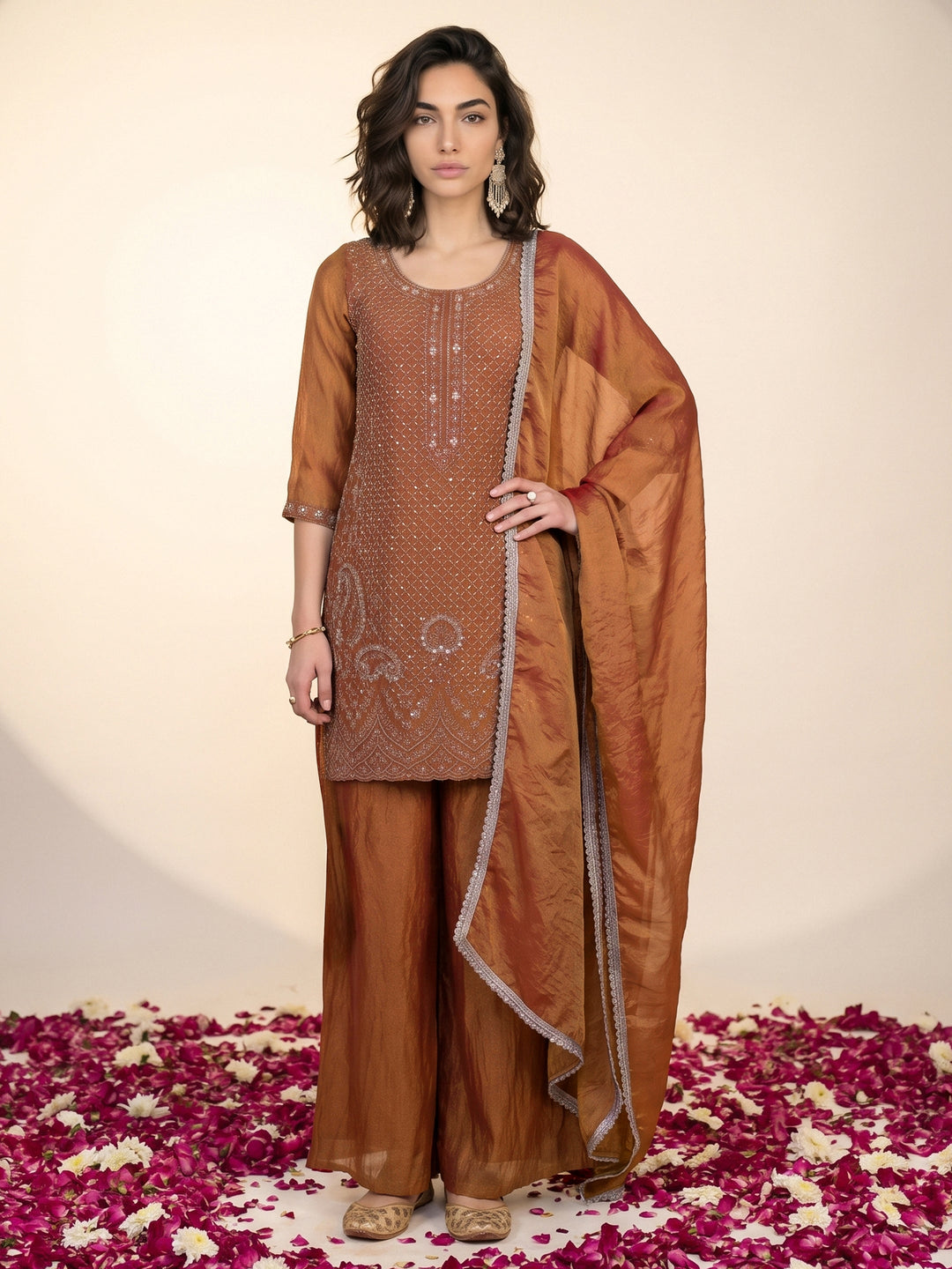  Libas Rust Orange Embellished Tissue Palazzo Suit Set 