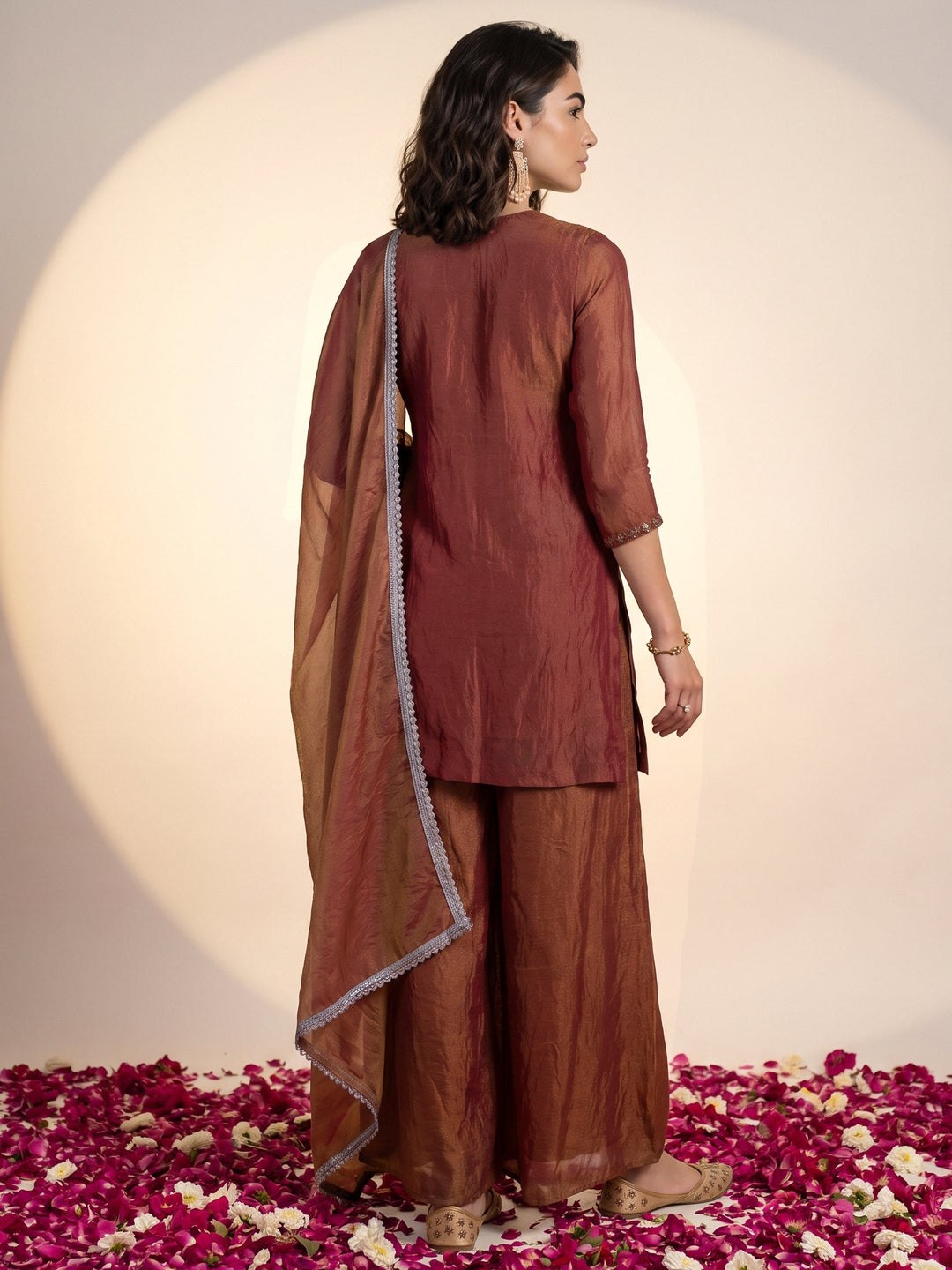  Libas Rust Orange Embellished Tissue Palazzo Suit Set 