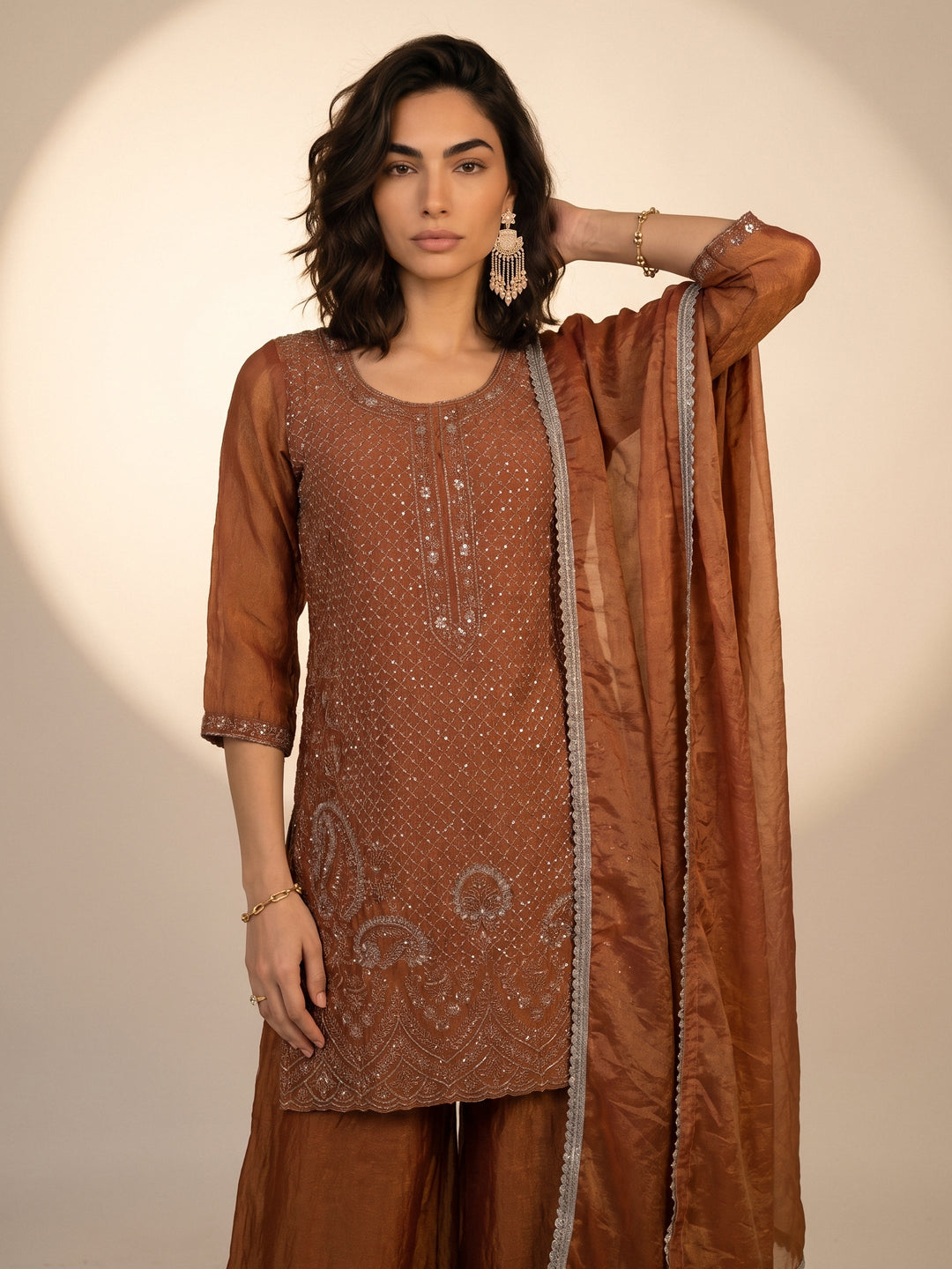  Libas Rust Orange Embellished Tissue Palazzo Suit Set 