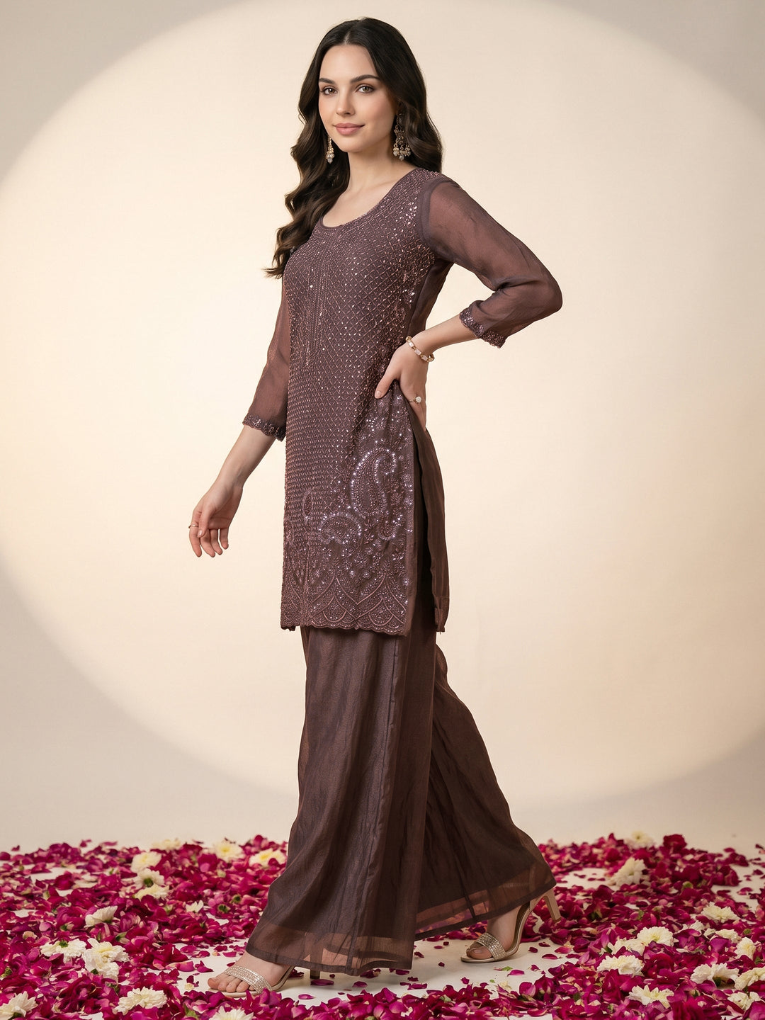  Libas Brown Embellished Tissue Palazzo Suit Set 