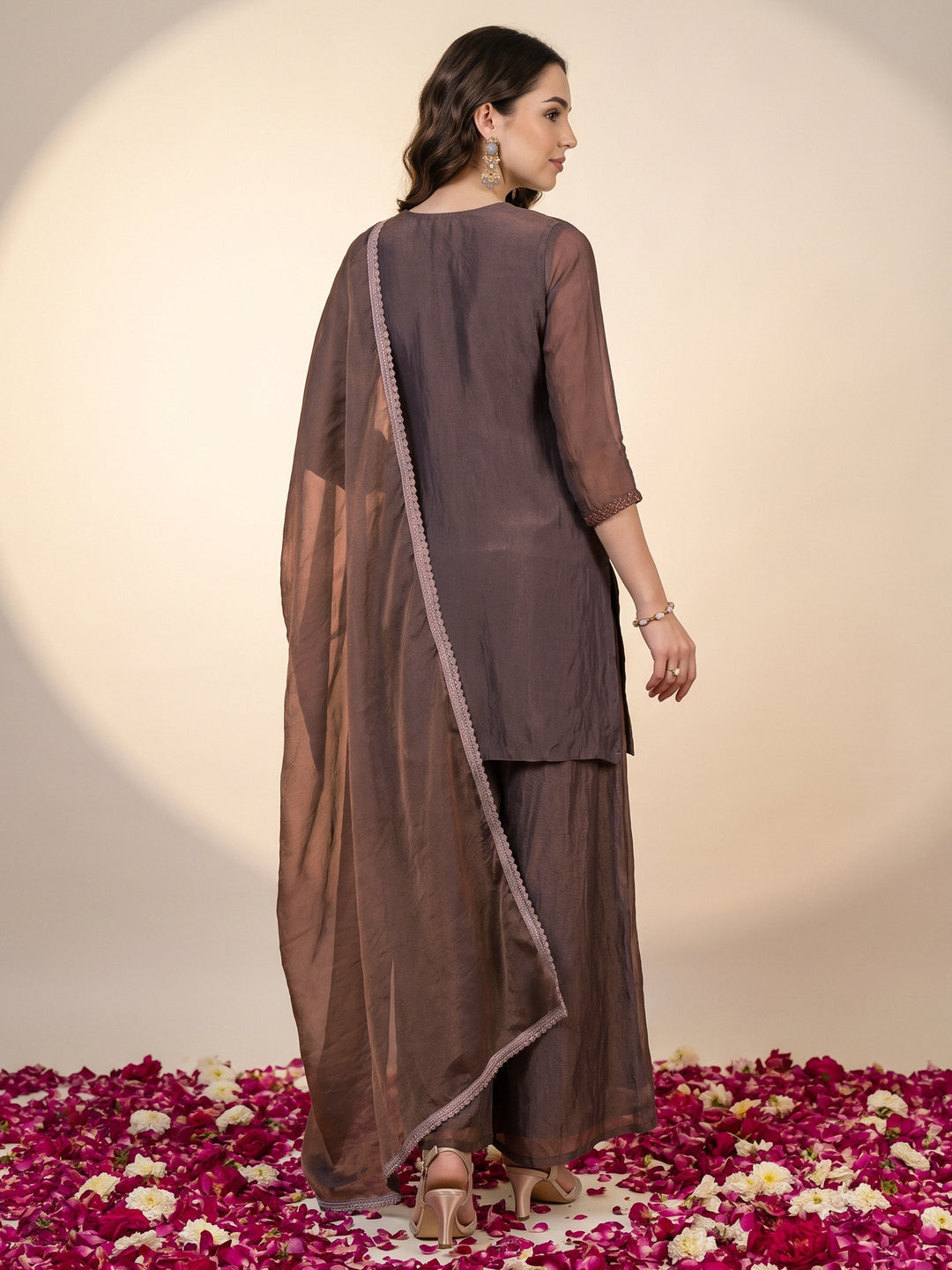  Libas Brown Embellished Tissue Palazzo Suit Set 