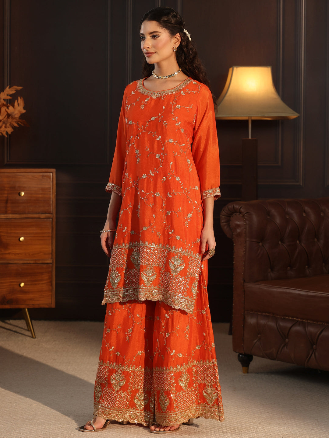 Libas Art Orange Floral Zari Embroidered Chinon Palazzo Suit Set 